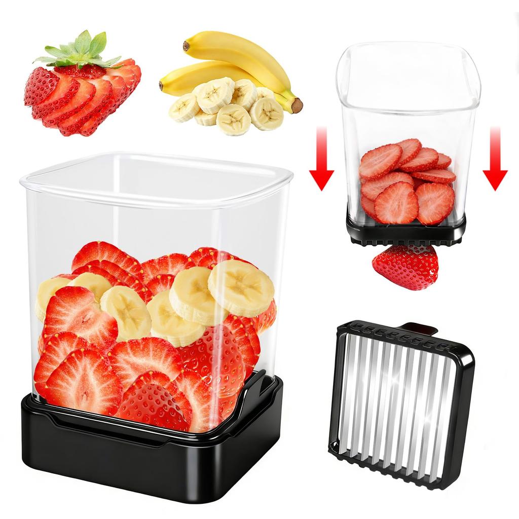 Fruit Slicer Cup for Strawberry, Banana, Hard-Boiled Egg - Detachable Cutter with Push Plate - 304 Stainless Steel Blade - Rapid & Safe Slicing