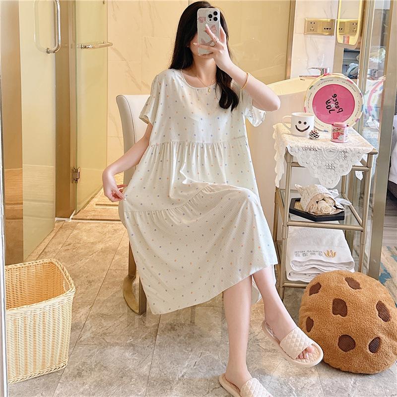Cotton and silk nightgown women's spring and autumn casual short-sleeved large-size printed pajamas summer thin high-end cotton loungewear