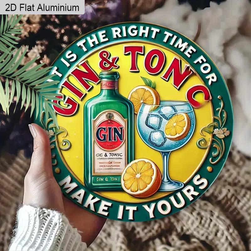 2D Flat 1pc Retro Bar Aluminum Decoration Plaque, "It's The Right Time for Gin & Tonic" Lettering Sign, Home Bar Decor, Pub Decor, Kitchen Decor