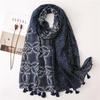 Navy Blue Retro Totem Cotton Linen Scarf - Korean Style Blue & White Color Block Women's Shawl for Spring/Summer, Sunscreen and Dual-use.
