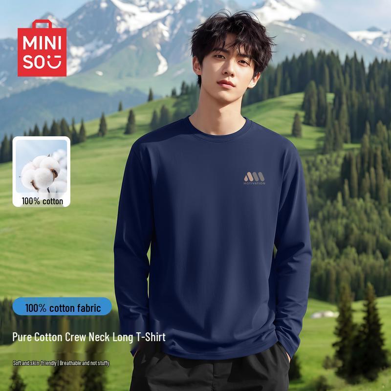 MINISO Men's American Style Loose Fit Premium Cotton Long Sleeve T-Shirt
