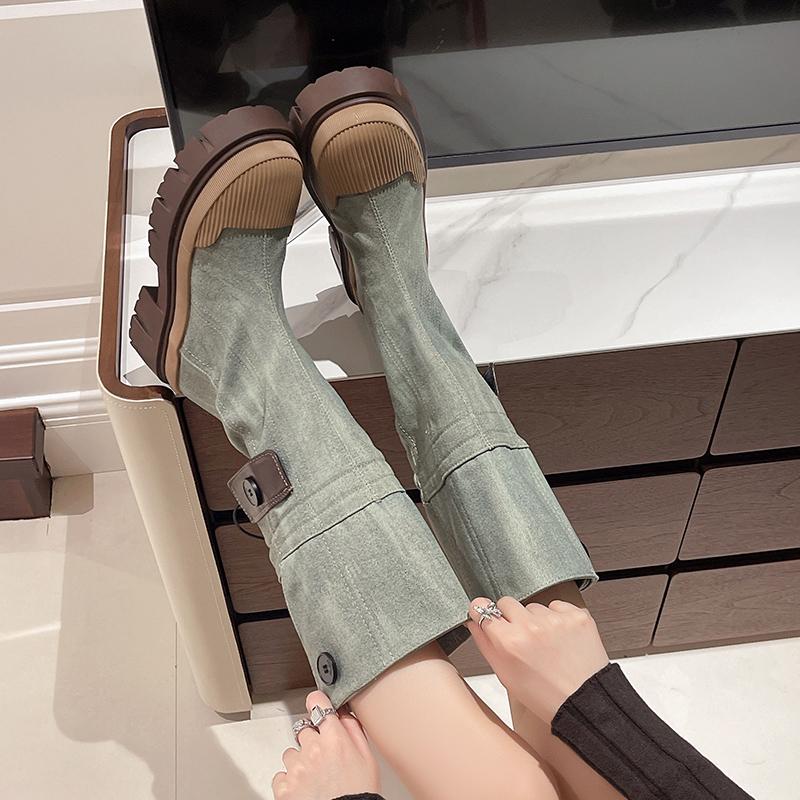 Fashion Women Flats Platform Denim Chelsea Boots Winter Shoes Designer New Knee High Motorcycle Boots Casual Goth Shoes
