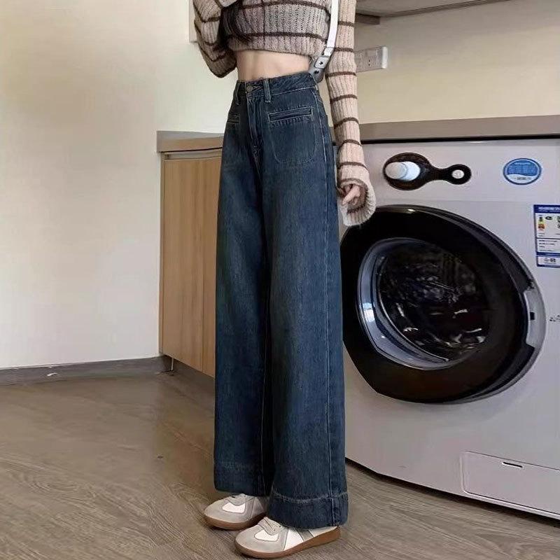 Large Size Wide Leg Jeans for Women Cropped Pants Loose High Waist Pocket Design Straight Leg Pants
