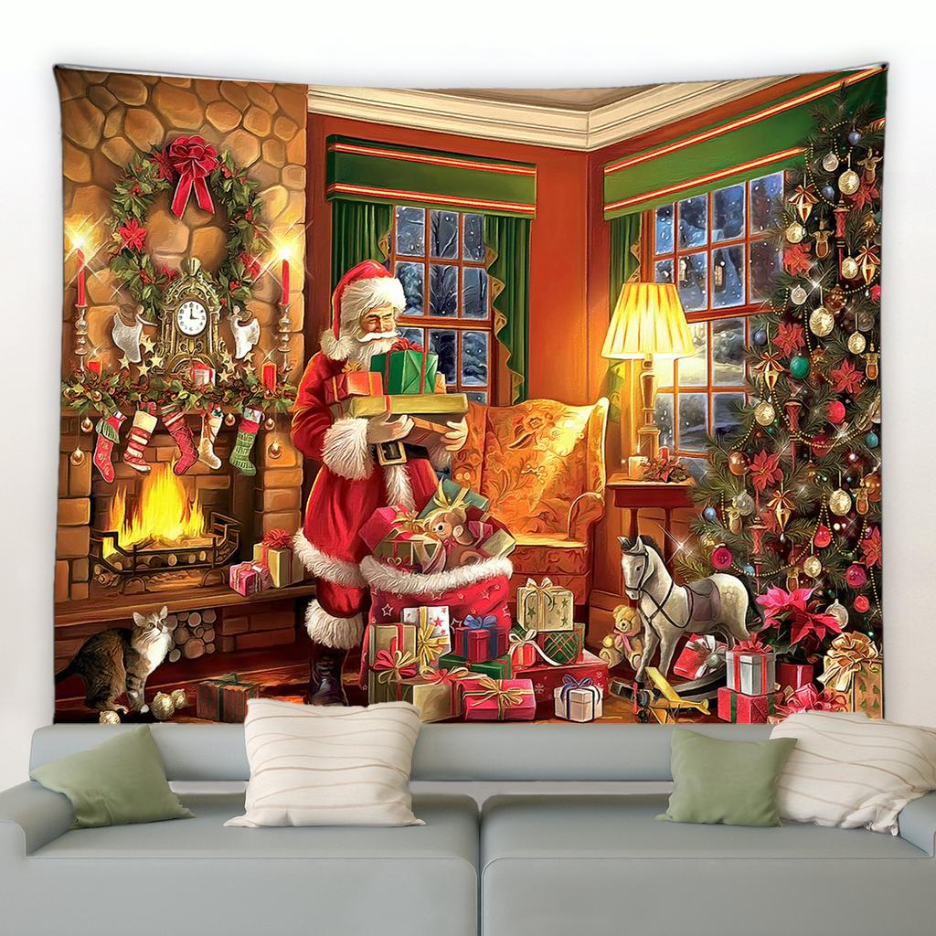 Home Decor Art Wall Hanging Dorm Bedroom Living Room Christmas Tapestry Santa Christmas Tree Ball Gift Fireplace Decoration