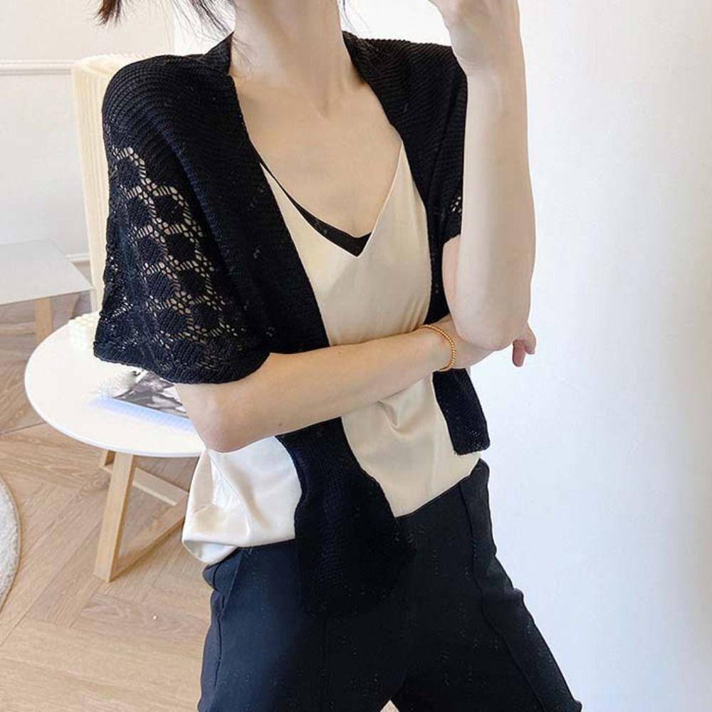 Solid Color Knitted Hollow Shawl Weave Blouse Shoulder Fake Collar Casual Knot Scarves Outdoor
