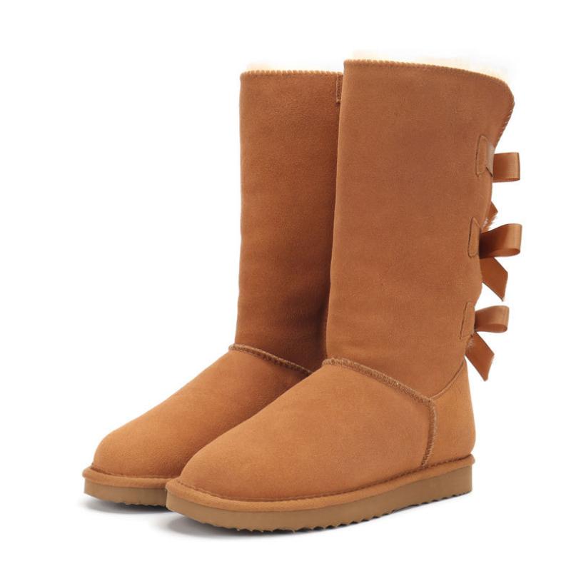 Snow Boots Genuine Leather Warm Men Women Boots Shoes Fashion Three Bows Tie High Boots Women Winter Warm Fur Boots Size 34-45