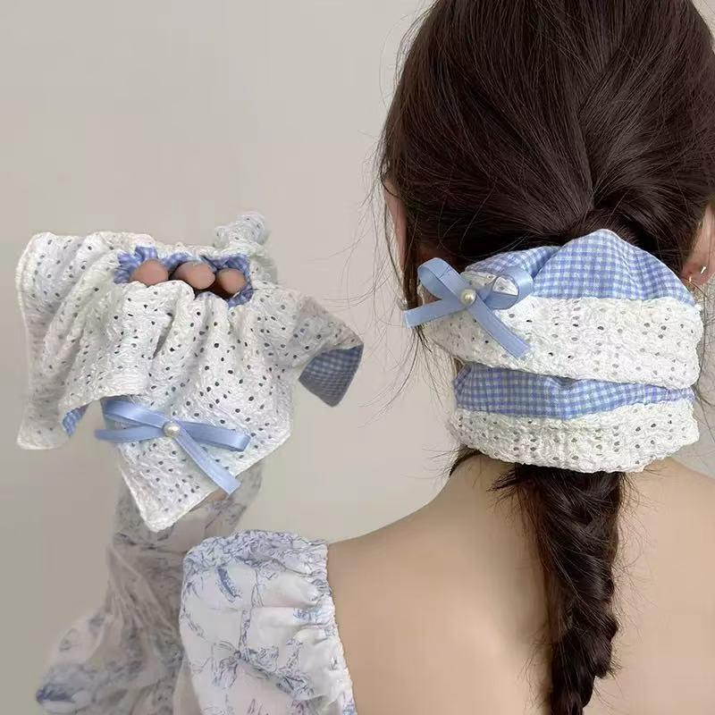 1pc Ballet-style Blue Checkered Bow Hair Tie, Square Scarf Hair Flower, Fresh Forest-style Hair Rope, New Lace Hair Accessories