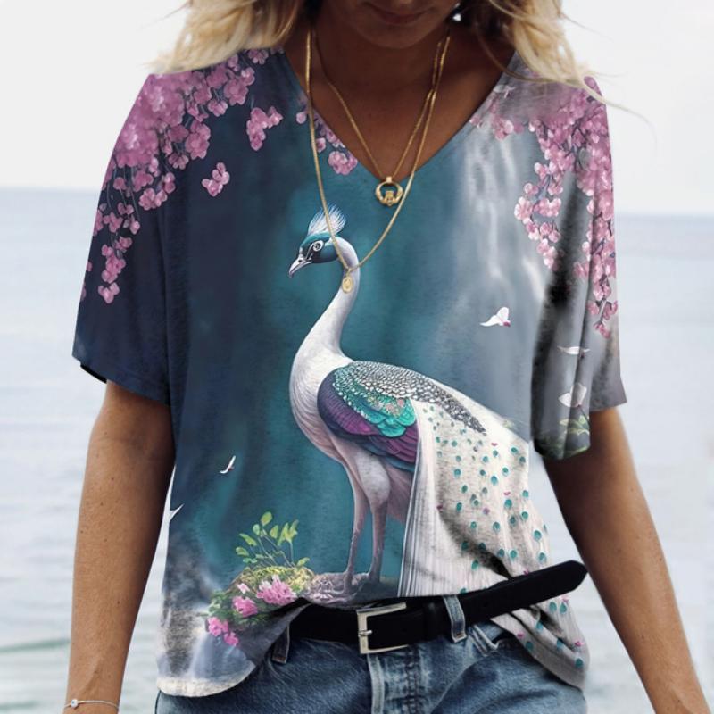 Роскошная женская футболка с рисунком павлина, летняя свободная женская одежда, большая блузка с v-образным вырезом, женские повседневные повседневные футболки с короткими рукавами