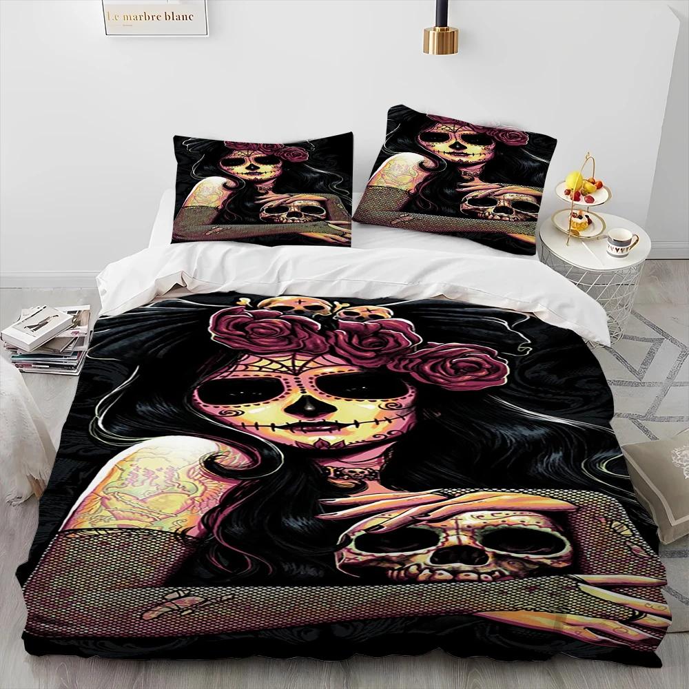3D Horror Gothic Female Skull Dead Girl Comforter Bedding Set,Duvet Cover Bed Set Quilt Cover Pillowcase,Queen Size Bedding Set