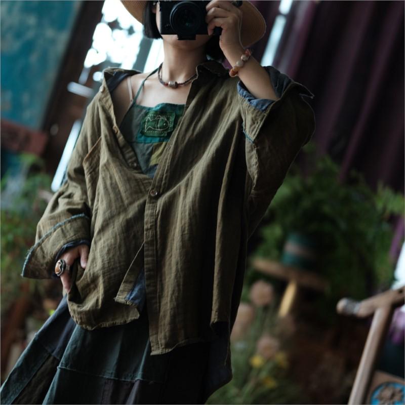 Johnature Women Vintage Bat Sleeve Shirts Tops Button Autumn Blouses Turn-down Collar Chinese Style Shirts
