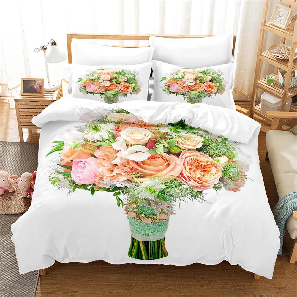 Comforter Rose Flower Bedding Set 4Pcs Pink Red 200X230 For Double Bed 3D Bedsheet 230X230 Full Size Thin Fabric