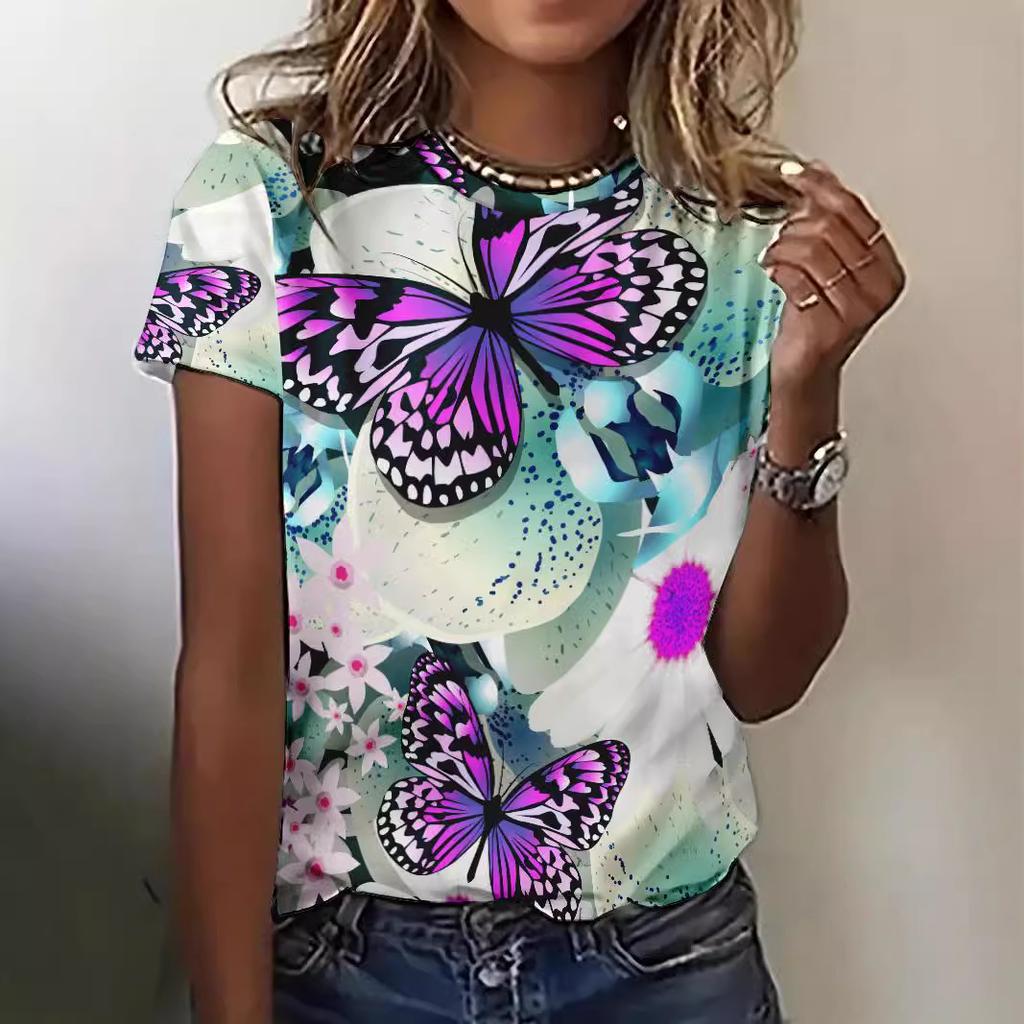 Summer Butterfly 3D Printed T-Shirts Plus Size Short Sleeve Top for Women's Versatile Loose Casual T-shirt