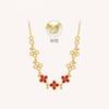 Gold-Tone Floral Four-Leaf Clover Necklace Bracelet Set Women Minimalist O-Link Chain With Enamel Charm Adjustable