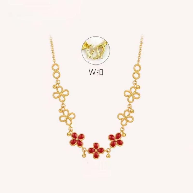 Gold-Tone Floral Four-Leaf Clover Necklace Bracelet Set Women Minimalist O-Link Chain With Enamel Charm Adjustable