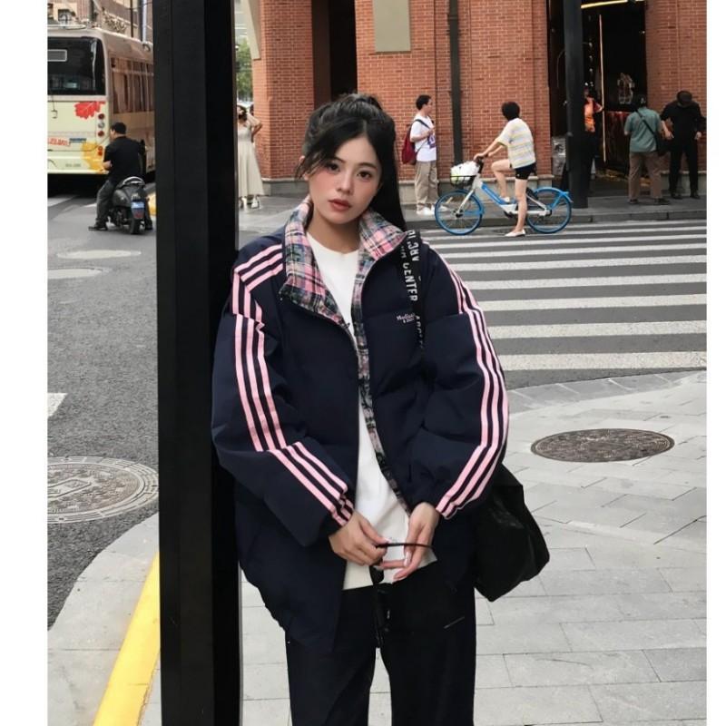 Womens Short Color Block Plaid Puffer Jacket Winter Zip Up Stand Collar Coat