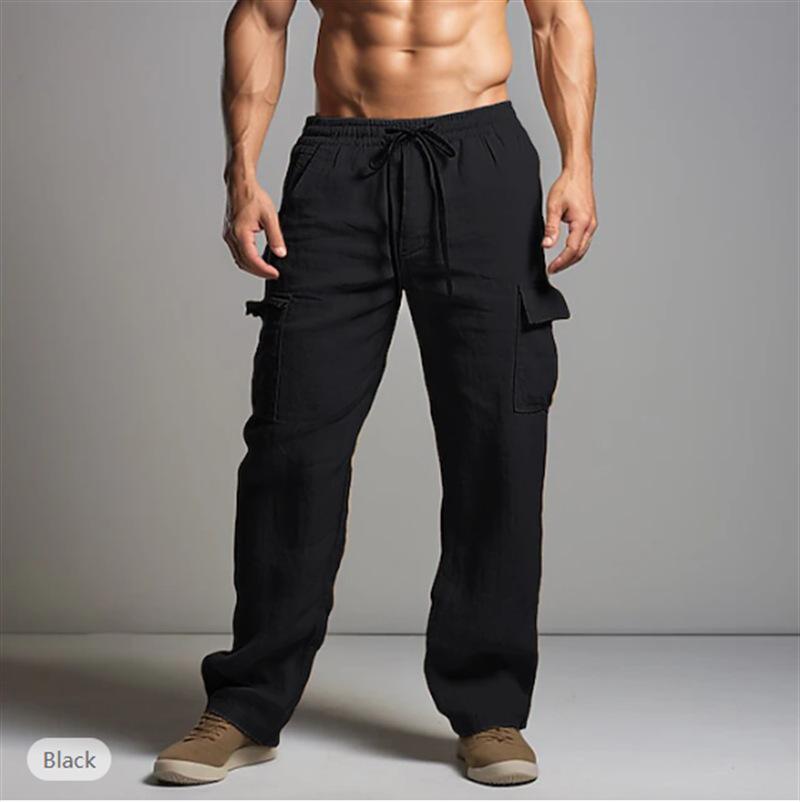 Men's Linen Pants Casual Loose Lightweight Drawstring Elastic Waist Summer Yoga Beach Straight Trousers for Men Breathable Pants with Pockets