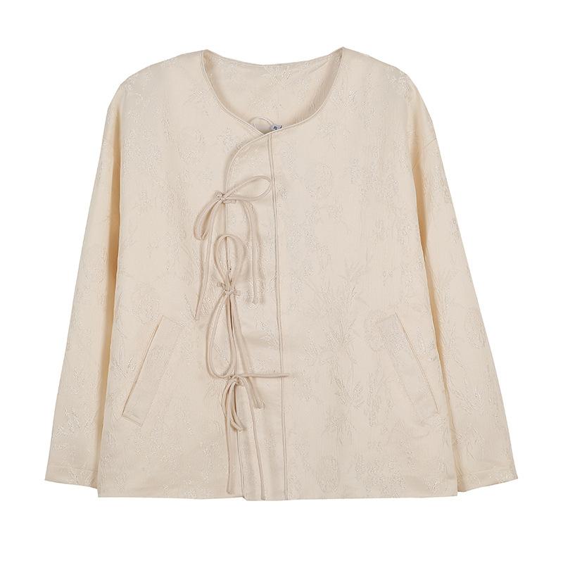 Mi-style outfit, Chinese-style jacquard top, outerwear, women's autumn new plus-size girl lace-up cover-up coat 130023