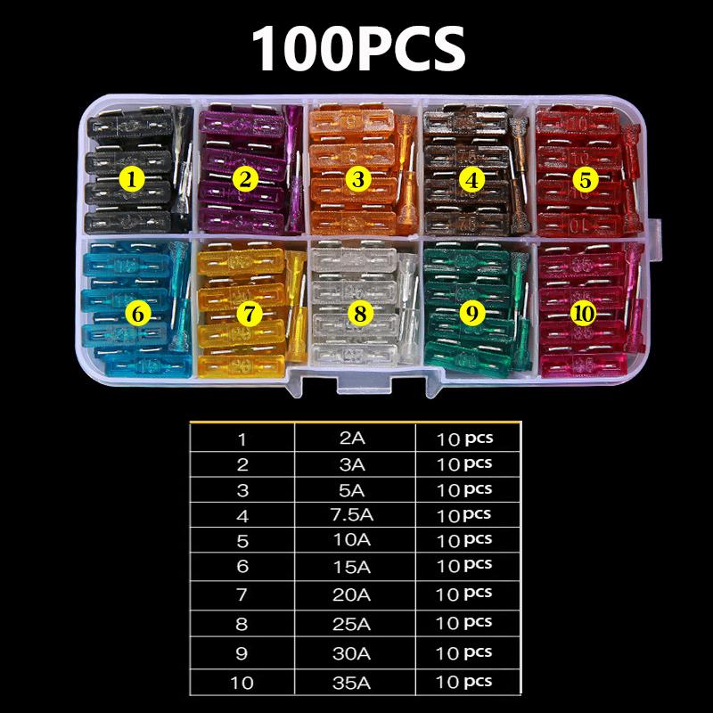 50/100pcs Car Fuses 2a 3a 5a 7.5a 10a 15a 20a 25a 30a 35a Amp with Storage Box Clip Assortment Auto Blade Type Fuse Set Truck