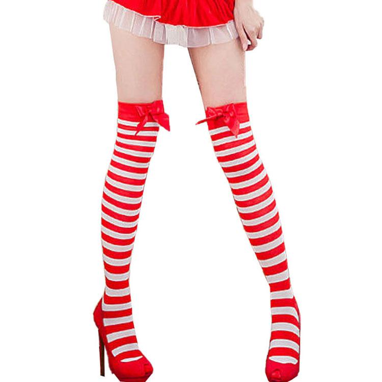 Halloween Red and White Bow Stockings, Versatile Christmas Sexy Striped Christmas Stockings, Women's Stockings