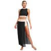 S-XL Womens Shiny Rhinestones Lyrical Dance Outfit Mock Neck Sleeveless Keyhole Back Crop Top with Side Split Flowy Mesh Skirt