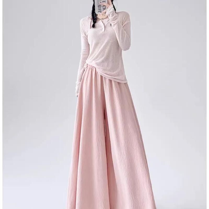 Women Elastic Waist Textured Wide Leg Maxi Skirt