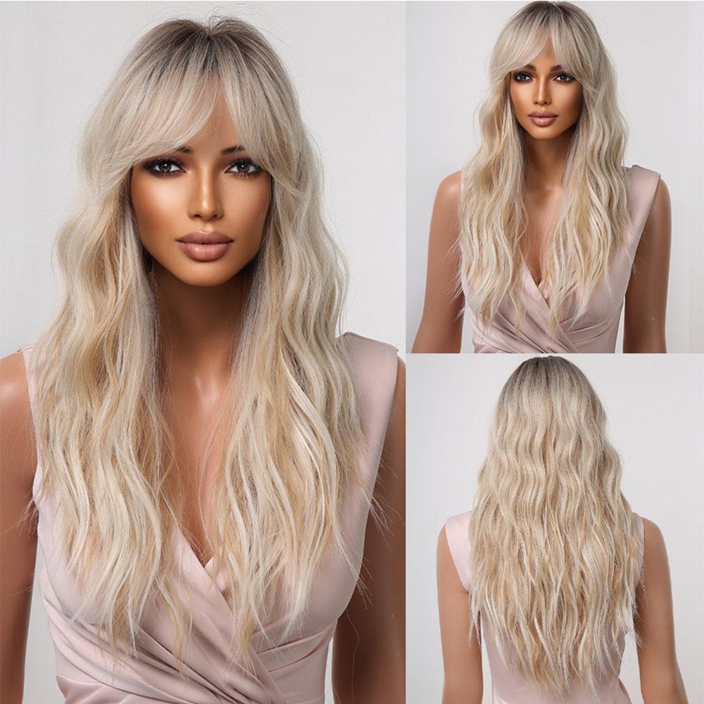 HENRY MARGU Red Ginger Copper Yellow Synthetic Wig for Women Long Curly Wave Wigs with Bangs Cosplay Party Heat Resistant Hair