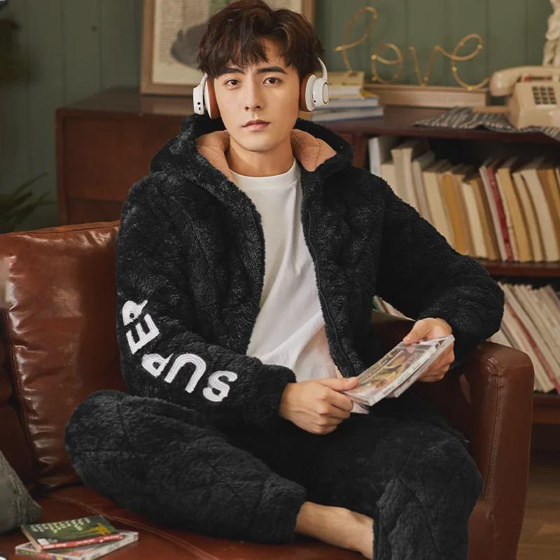 Men's Winter Hooded Quilted Pajama Set: Thick, Plush, Large Size Flannel Jacket