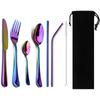 Дорожный черный набор столовых приборов, наборы столовых приборов, ножи, вилки, ложки, соломка из нержавеющей стали, столовая посуда, посуда для напитков, набор столовых приборов из соломы, черный мешочек