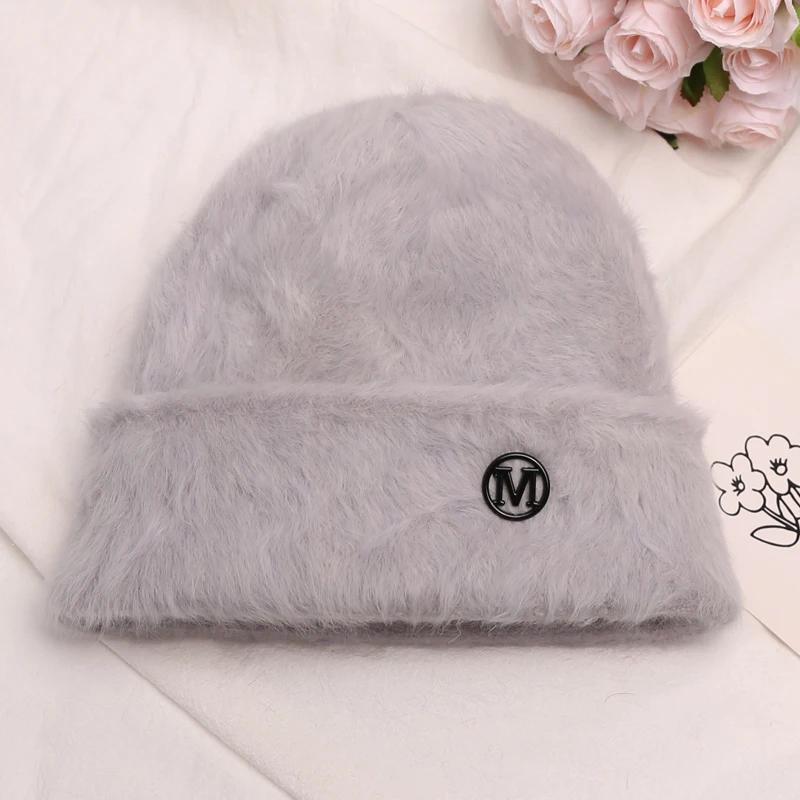 Fashion Rabbit Fur Beanies Women Soft Warm Fluffy Angola Winter Knitted Hat Female Plush Windproof Bonnet Skullies Cap