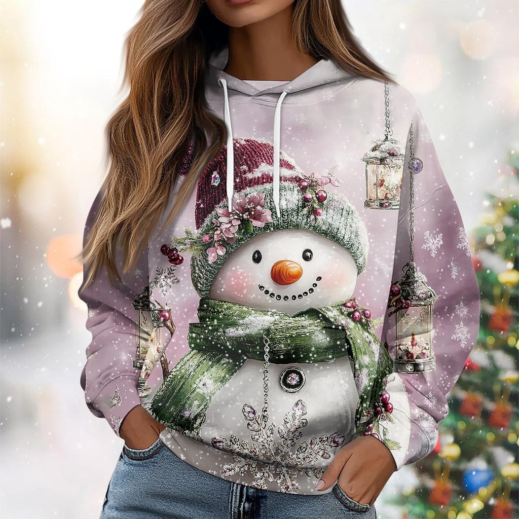 Женская повседневная свободная толстовка с капюшоном и длинным рукавом с рождественским принтом на завязках