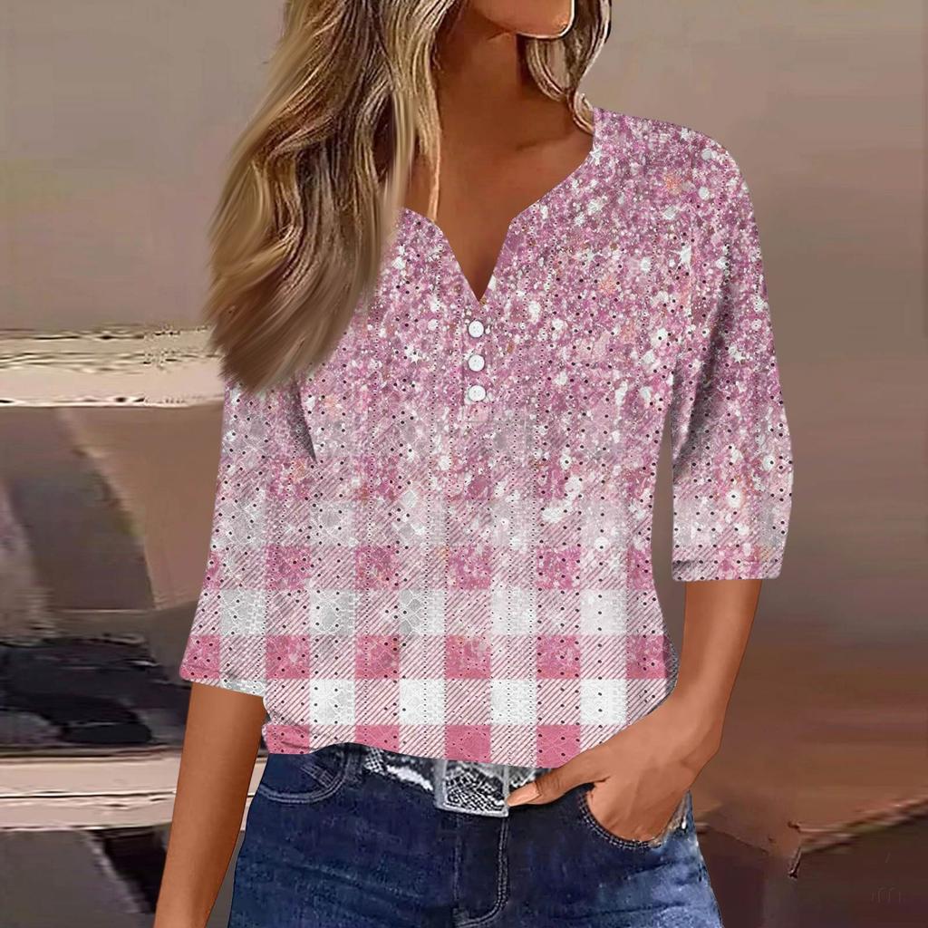 Женская модная футболка с V-образным вырезом, пуговицами, рукавами семь, повседневная полосатая клетчатая футболка с принтом