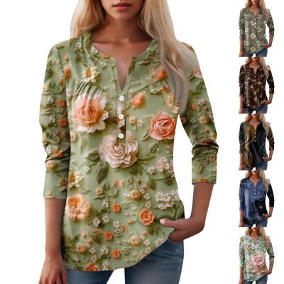 Женская мода повседневный топ с длинным рукавом и круглым вырезом с цветочным принтом