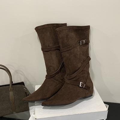 2025 Женские рыцарские сапоги Год Ретро стиль Круглый носок Ботфорты до колена Облегающие сапоги Сапоги в стиле вестерн ковбойские