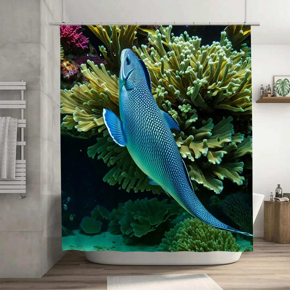 Синяя рыба Коралловый риф Занавеска для душа 3D-печать Водонепроницаемый Домашний декор Вкладыш для ванной Варианты для современной ванной