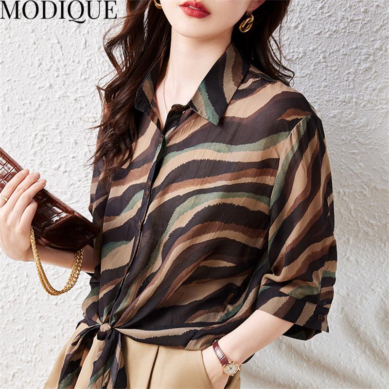 MODIQUE/летняя женская хлопково-льняная блузка больших размеров с принтом, волнистый вырез, летние офисные женские пальто, большие пуговицы-поло