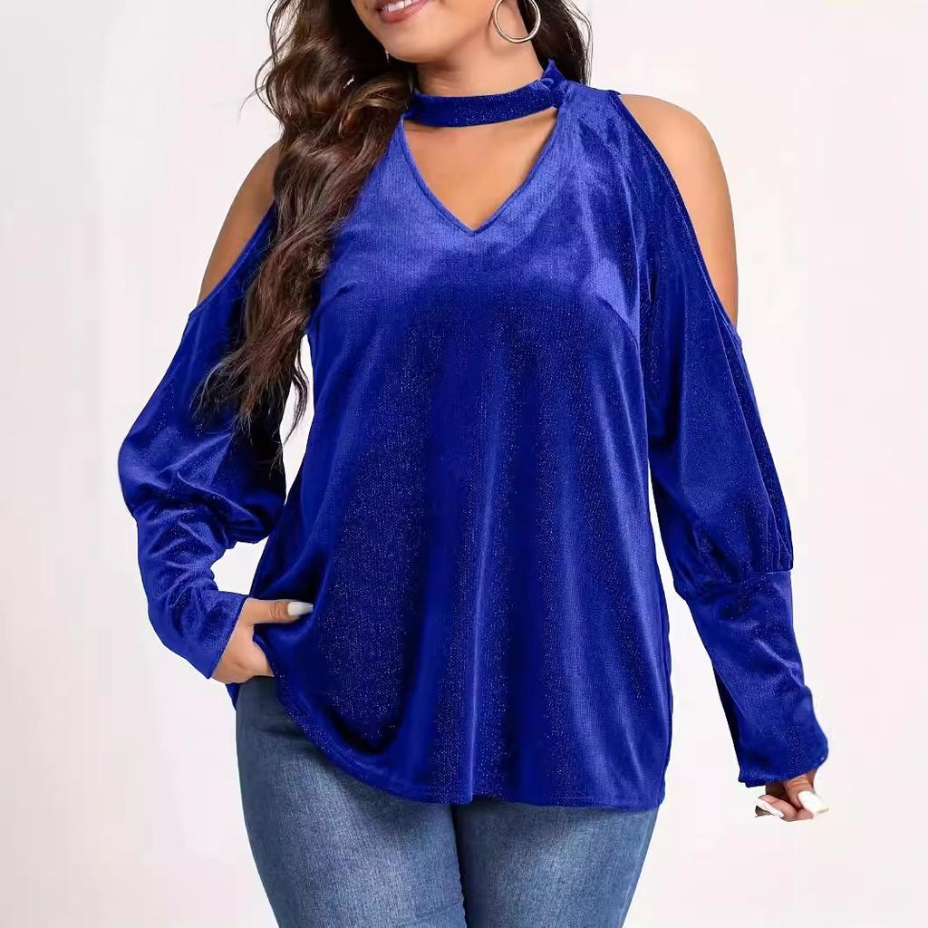 Womens Sexy Plus Size Blouse Velour Cutout Shoulder Shirt V Neck Long Sleeve Pullover Tops
