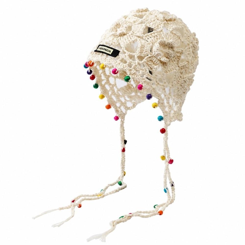 Color Bead Tassel Knitted Beanie Openwork Crochet Boho Hat Fashion Handmade Knit Hat Daily Wear