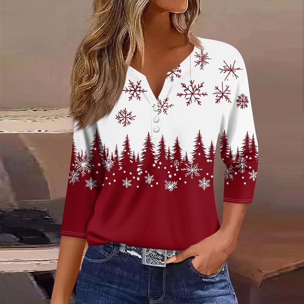 Жен. Футболка Футболка С принтом Пуговицы Рукав 3/4 Повседневные Выходные Мода Классический V-образный вырез Обычный Топ