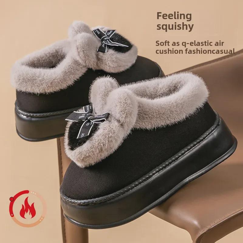 Женские зимние ботинки Bowknot на толстой подошве 2024 года: Увеличивающая рост, теплая, с бархатной подкладкой, меховая обувь для улицы на осень и зиму.
