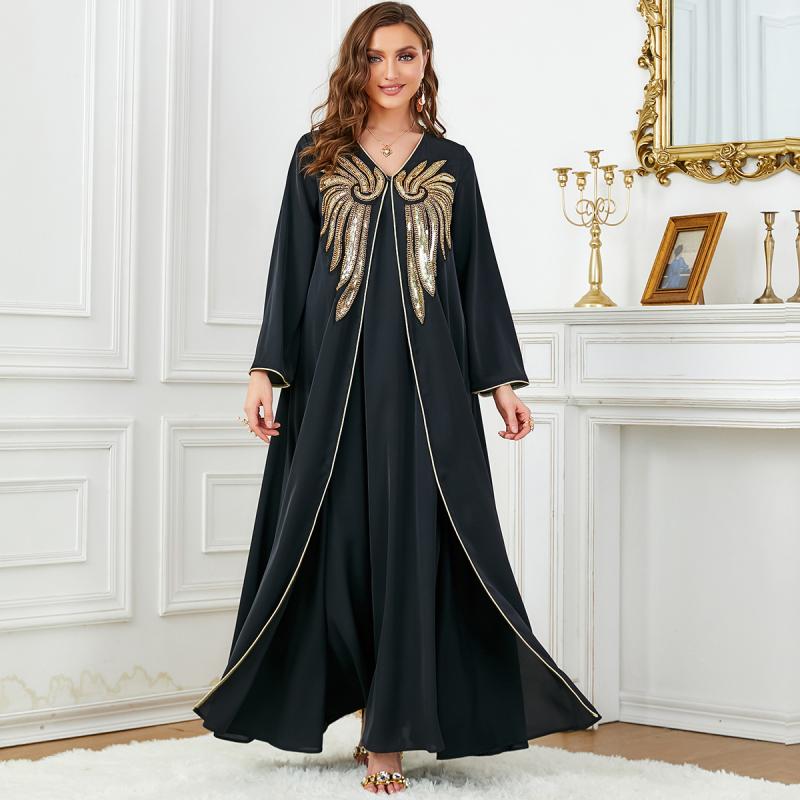 Middle East Muslim Gold Sequin Beaded Applique Two Piece Set Dubai Arab New Women's Dress