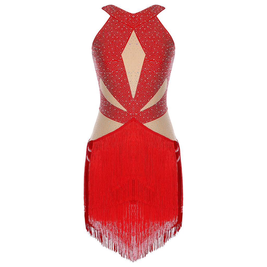 Womens Latin Tango Dance Leotard Allover Rhinestones Backless Tiered Tassel Contrast Color Bodysuit Performance Jumpsuit