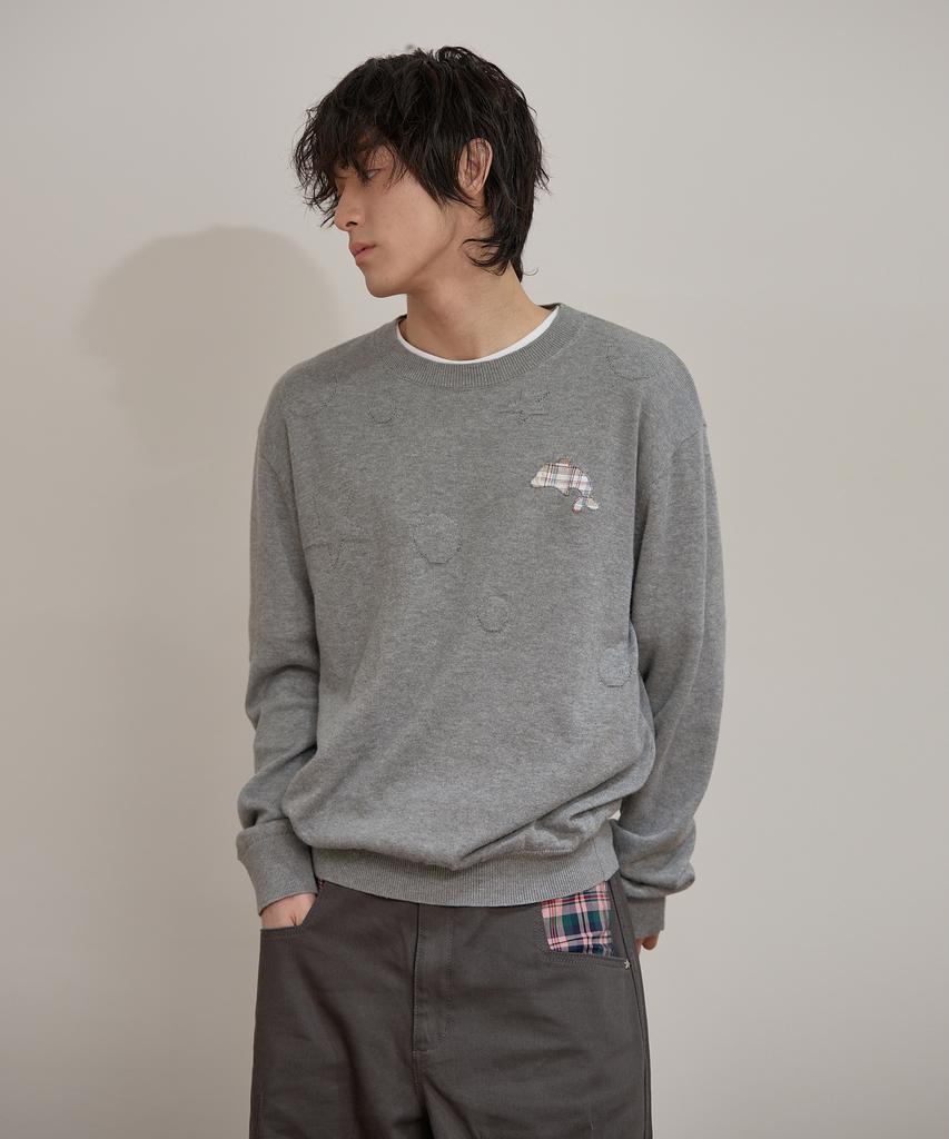 WAIKEI Dolphin Check Applique Crewneck Knit Gray