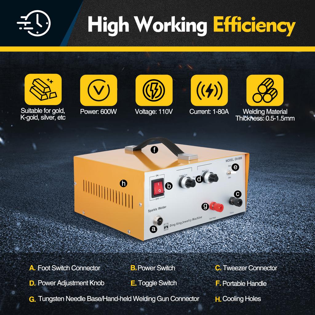 Jewelry Spot Welder 80A Electric Adjustable Pulse Spark Spot Welding Machine for Platinum Gold Silver Steel Earring Ring Yellow
