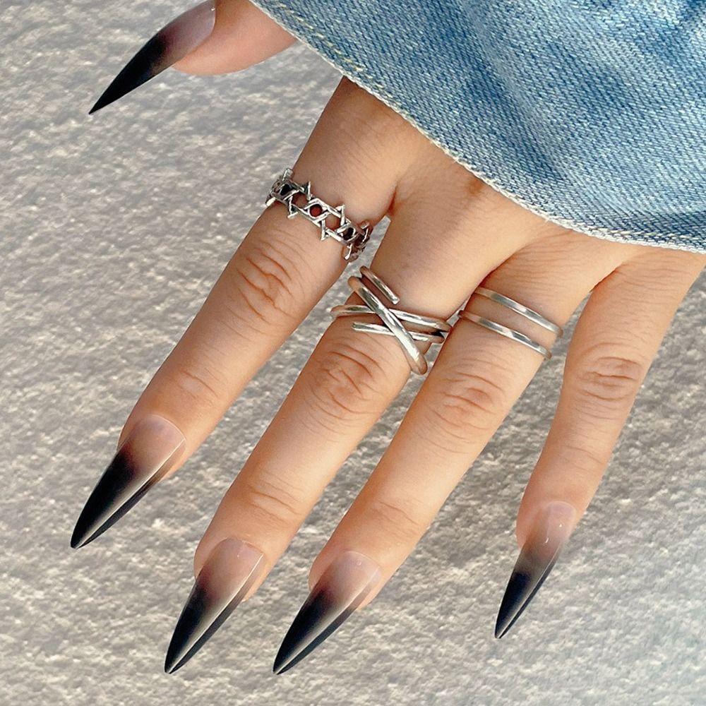 24 шт. Типсы для ногтей с полным покрытием, накладные ногти, градиентные черные, французские, длинные, стилеты