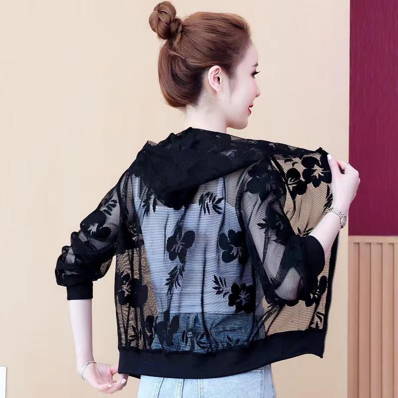 Женская легкая короткая однотонная солнцезащитная куртка летняя куртка больших размеров с сетчатым кружевом и капюшоном