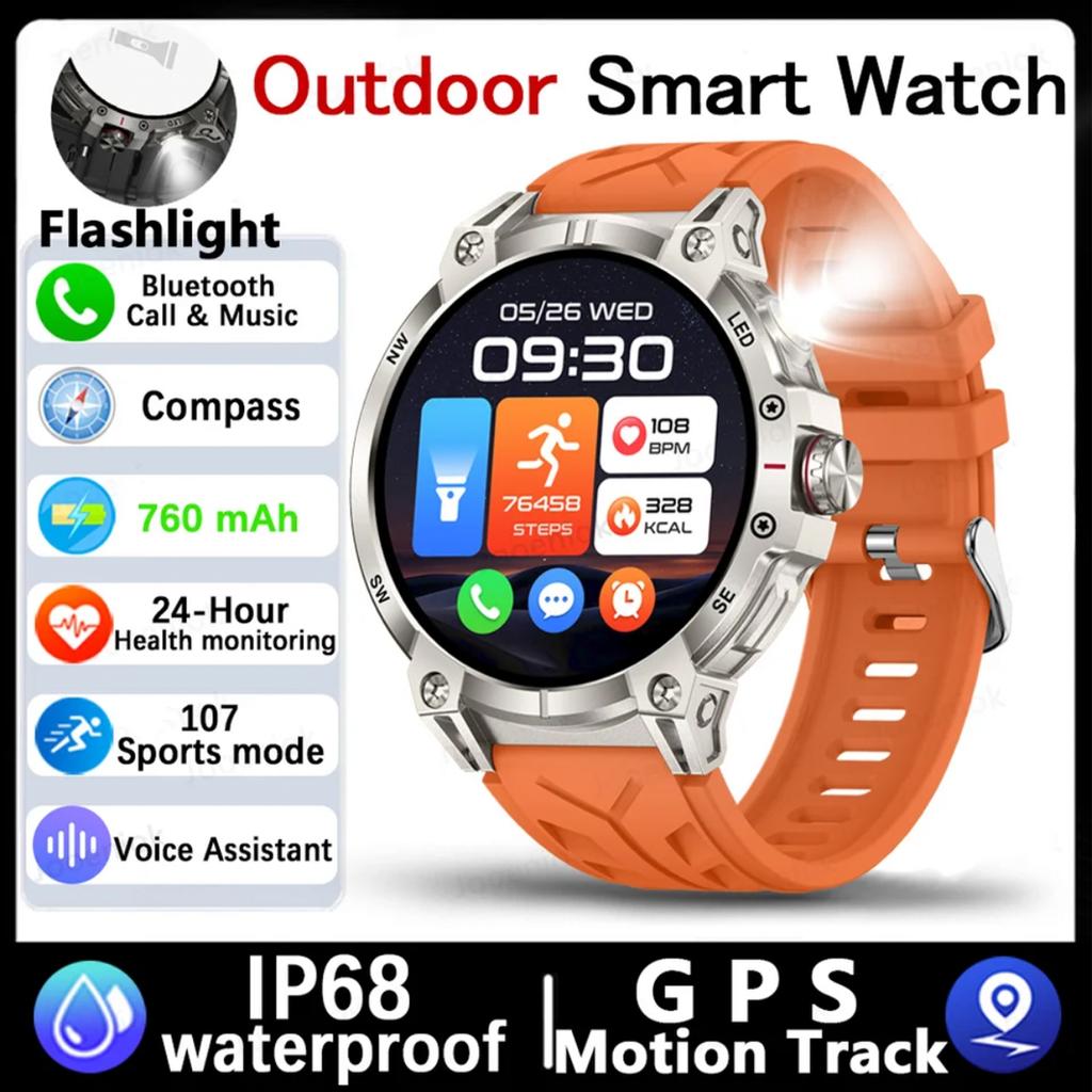 2025 New Outdoor Smart Watch Men 600mAh LED Flashlight SmartWatch Compass Bluetooth call Heart rate IP 68 Sports Smartwatch 5ATM