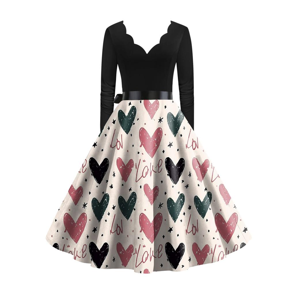 Стильное и элегантное женское платье с длинными рукавами и V-образным вырезом в форме сердца ко Дню святого Валентина