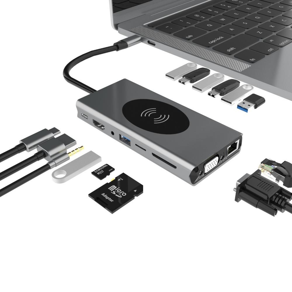 Док-станция 13 в 1 Type C с беспроводной зарядкой 4K USB-концентратором, многофункциональным расширителем для ноутбука, ПК, MacBook