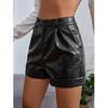Fashion Women's Diagonal Pockets Casual PU Imitation Leather Shorts High Waist Stretch Shorts