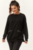 Women's Style Big Size Sweatshirt Large Size Basic Black Sweatshirt With Zipper Pocket Detail